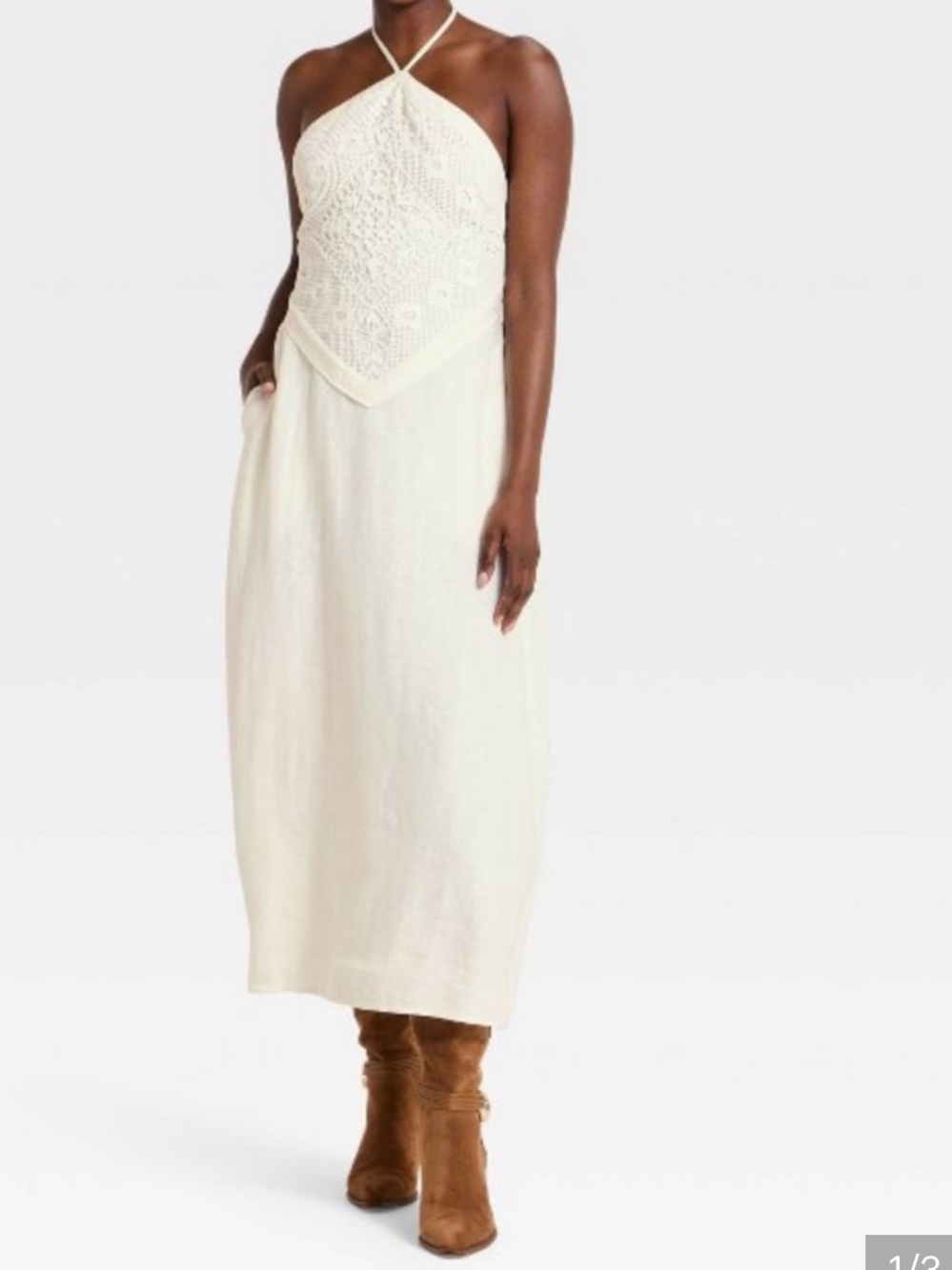 a new day NWT XL Cream Crochet pockets Halter LINEN BLEND Midi Dress